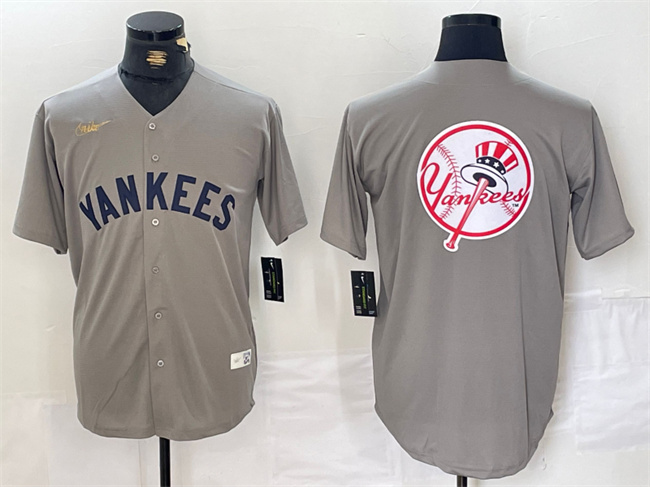Men's New York Yankees Grey Team Big Logo Cool Base Stitched Baseball Jersey
